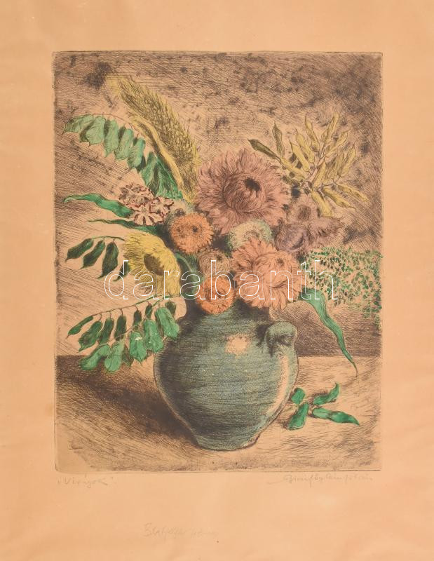 Biai-Föglein István (1905-1974): Virágok. Színezett rézkarc, papír, jelzett, lap széle kissé foltos, 37,5×29 cm