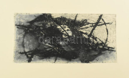 Posztobányi Péter (?-): Fekete kompozíció. Rézkarc, vegyes technika, papír, jelzés nélkül. Lap szélén paszpartuzás nyomaival. 21x44 cm