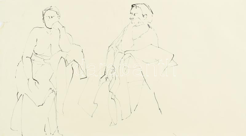 Antalóczi Éva (1960-): 2 db tanulmányrajz aktokkal. Tus, papír. Egyik jelzett a hátoldalán, másik jelzés nélkül. Sérült. 45x53 és 36x70 cm