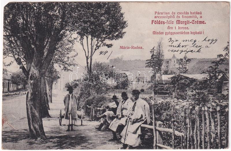 Máriaradna, Mária-Radna, Radna (Lippa, Lipova); utca részlet. Földes-féle Margit Creme reklám / street view, cosmetic cream advertisement (b)