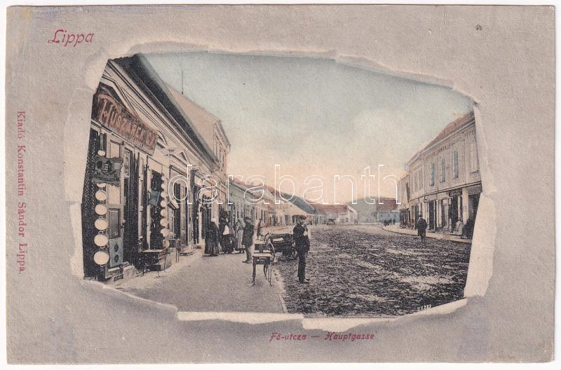 Lippa, Lipova; Fő utca, Huszárek G. A. üzlete. Konstantin Sándor kiadása / Hauptgasse / main street, shops (r)