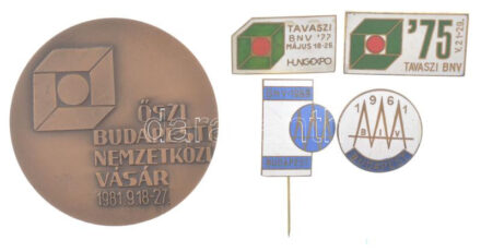 1961. 'BIV (Budapesti ipari Vásár) Budapest' zománcozott tombak jelvény (28mm) + 1968. 'BNV (Budapesti Nemzetközi Vásár) Budapest' zománcozott tombak jelvény (33x24mm) + 1975. 'Tavaszi BNV V.21-29' zománcozott tombak jelvény (22x40mm)