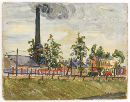Nolipa István Pál (1907-1986): Pesterzsébeti részlet, 1946. Olaj, karton. Jelezve jobbra lent. Hátoldalán autográf felirattal. 27x35 cm