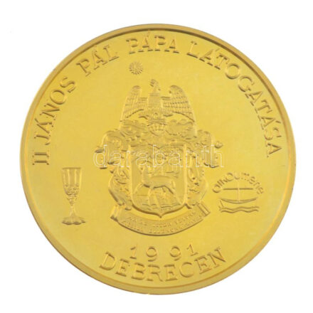 Bognár György (1944-) / Lebó Ferenc (1960-) 1991. 'II. János Pál pápa látogatása - Debrecen' kétoldalas aranyozott fém emlékérem (42,5mm) T:PP fo.