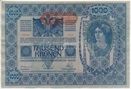 Ausztria 1920. (1902) 1000K II. kiadás, hátlap rajzos, '2553 05265', piros vízszintes 'DEUTSCHÖSTERREICH' felülbélyegzéssel T:III apró tűlyuk Austria 1920. (1902). 1000 Corona 2nd issue graphic backside, '2553 05265', with red