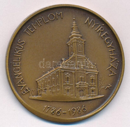 Nagy Lajos (1949-) 1986. 'Evangélikus Templom - Nyíregyháza / Deo Optimo Maximo Favente Auxiliante' bronz emlékérem (technológiai hibás veret: lapkavég?) (42,5mm) T:1-