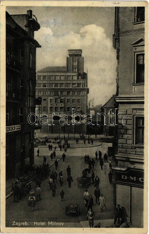 1933 Zagreb, Zágráb; Hotel Milinov, street / utca és szálloda (EK)
