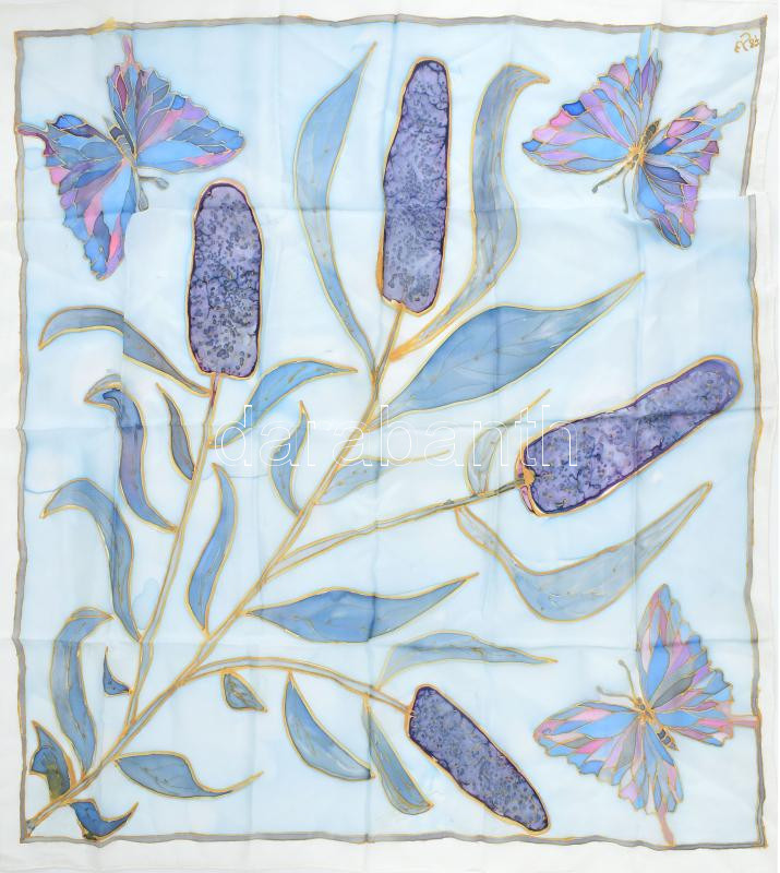ES 87 jelzett pillangós selyem kendő, 83,5x90,5 cm