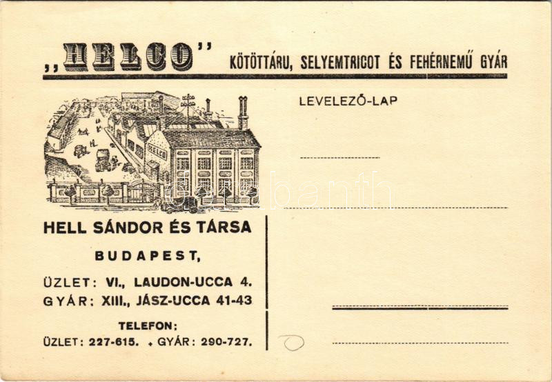 Hell Sándor és Társa 'HELCO' kötöttáru, selyemtricot és fehérnemű gyára. Budapest, Jász utca 41-43. reklám