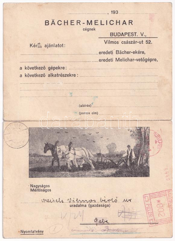 Bächer-Melichar eke és vetőgép gyár kinyitható reklámlapja. Budapest, Vilmos császár út 52. - Image 2