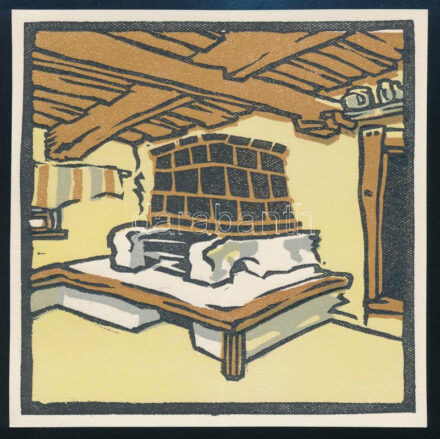 Kós Károly (1883-1977): Régi kalotaszegi jobbágyház szobája cserepessel. Linómetszet, papír, jelzés nélkül, körbevágott, hajtásnyommal, 10x10 cm