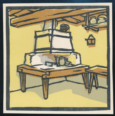 Kós Károly (1883-1977): Román havasi móc-ház régi tűzhelye. Linómetszet, papír, jelzés nélkül, körbevágott, hajtásnyommal, 10x10 cm