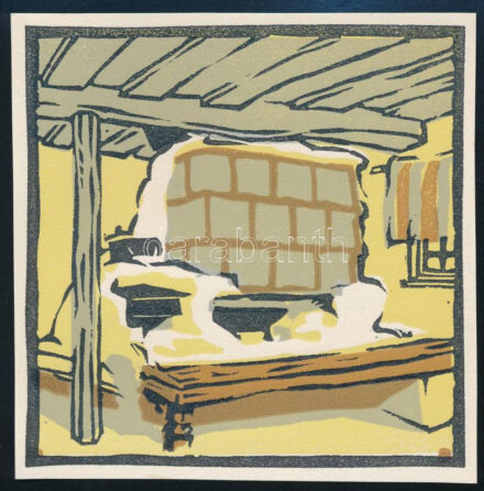 Kós Károly (1883-1977): Kalotaszegi cserepes. Linómetszet, papír, jelzés nélkül, körbevágott, 10x10 cm