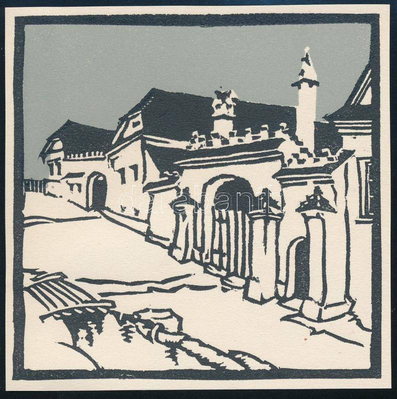 Kós Károly (1883-1977): Erdélyi utcarészlet. Linómetszet, papír, jelzés nélkül, körbevágott, 10x10 cm