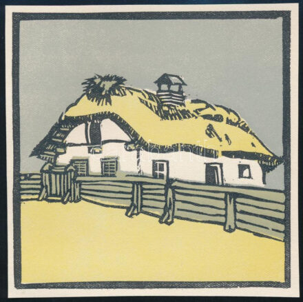 Kós Károly (1883-1977): Erdélyszéli kisnemesi porta. Linómetszet, papír, jelzés nélkül, körbevágott, 10x10 cm