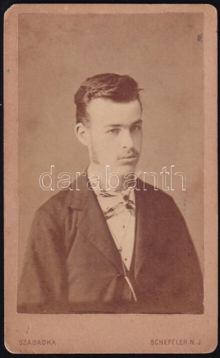 cca 1880 Szabadka (Subotica), fiatal férfi portréja, keményhátú fotó Scheffer N. J. műterméből, vizitkártya, 10,5x6,5 cm