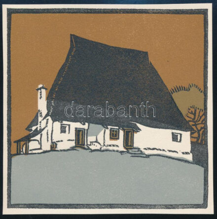 Kós Károly (1883-1977): Erdélyi ház. Linómetszet, papír, jelzés nélkül, körbevágott, 11x11 cm