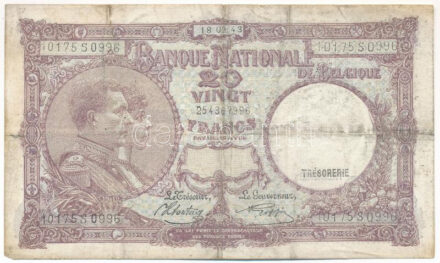 Belgium 1943. 20Fr T:III,III- kis sarokhiány, folt Belgium 1943. 20 Francs C:F,VG missing corner, spot Krause P#111