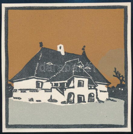 Kós Károly (1883-1977): Kalotaszegi magyar nemesi kúria. Linómetszet, papír, jelzés nélkül, körbevágott, 11x11 cm