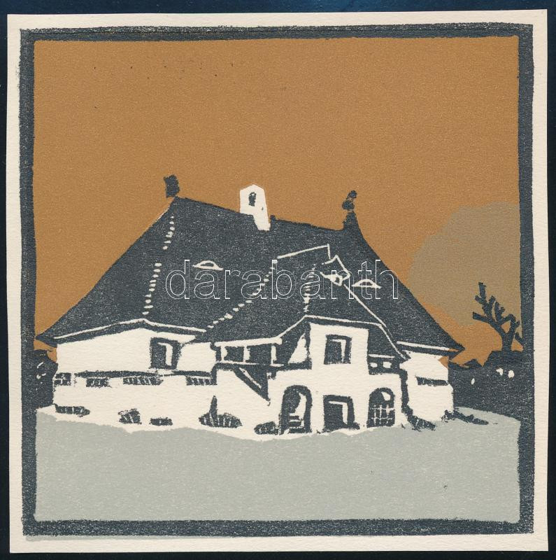 Kós Károly (1883-1977): Kalotaszegi magyar nemesi kúria. Linómetszet, papír, jelzés nélkül, körbevágott, 11x11 cm