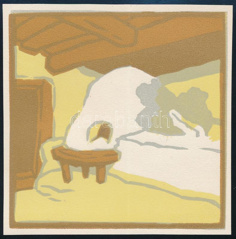 Kós Károly (1883-1977): Régi kalotaszegi jobbágyház pitvara sütőkemencével. Linómetszet, papír, jelzés nélkül, körbevágott, hajtásnyommal, 10x10 cm