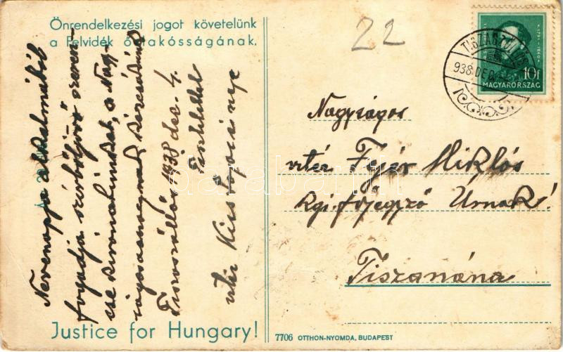 1938 Győz az igazság! Önrendelkezési jogot követelünk a Felvidék őslakosságának. Kiadja a Felvidéki Egyetemi és Főiskolai Hallgatók Egyesülete / Hungarian irredenta propaganda, Justice for Hungary! (EK) - Image 2