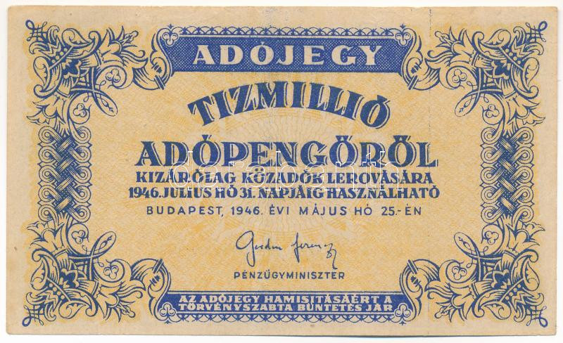 1946. 10.000.000AP vízjeles papíron, fordított címerrel T:III apró kis tűlyukak Adamo P54