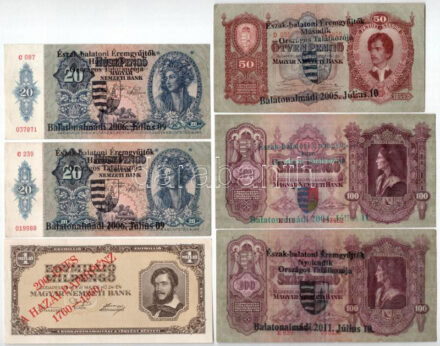 6db-os pengő, milpengő tétel, 'Észak-balatoni Éremgyűjtők', illetve '200 éves a hazai papírpénz 1760-1960' felülbélyegzéssel T:I-III