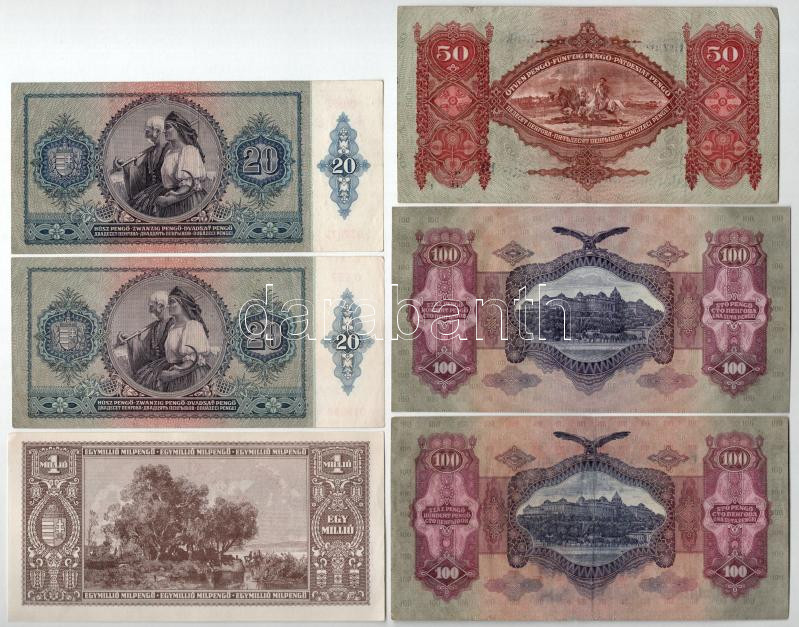 6db-os pengő, milpengő tétel, 'Észak-balatoni Éremgyűjtők', illetve '200 éves a hazai papírpénz 1760-1960' felülbélyegzéssel T:I-III - Image 2