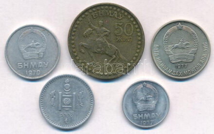 Mongólia 1970. 5m Al + 1971. 1T + 1977. 2m Al + 20m Cu-Ni + 1994. 50T Al T:2,2- Mongolia 1970. 5 Möngö Al + 1971. 1 Tögrög + 1977. 2 Möngö Al + 20 Möngö Cu-Ni + 1994. 50 Tögrög Al C:XF,VF