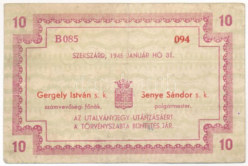 Szekszárd 1945. 'Szekszárd M. város' 10P T:III folt - Image 2