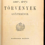 Az 1865/7-ik évi törvények gyűjteménye. Pest, 1872., Ráth Mór, 537+5 p. Harmadik kiadás. Kiadói aranyozott egészvászon-kötés, az elülső táblán aranyozott, koronás nemzeti kiscímerrel, márványozott lapélekkel, Mehner