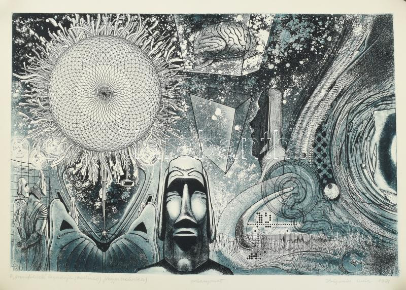 Zsigovics Iván (1958- ): A hosszú fülűek legendája. Színezett rézkarc, papír, jelzett, 29x45 cm