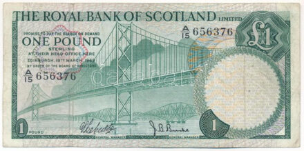 Skócia 1969. 1P T:III kis szakadás, tűlyuk Scotland 1969. 1 Pound C:F small tear, needle holes Krause P#329