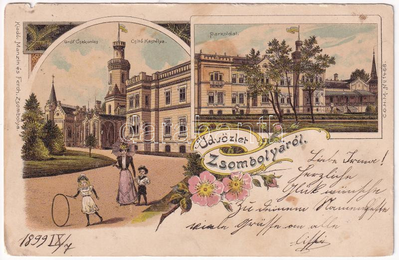 1899 (Vorläufer) Zsombolya, Hatzfeld, Jimbolia; Gróf Csekonics Csitó kastélya, Park. Manzin és Ferch kiadása / castle, park. Art Nouveau, floral, litho (b)
