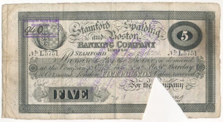 Nagy-Britannia / Stamford, Spalding & Boston Bank 1900. 5P 'L 5751' helyi kiadás, érvénytelenítő háromszög alakú bevágással, több különböző felülbélyegzéssel, írással T:III,III- folt, tűzőgép lyuk Great Britain /
