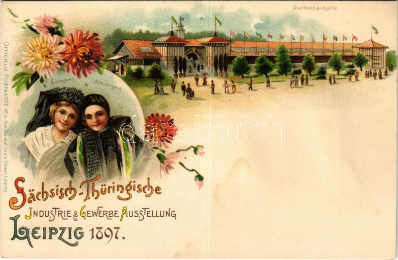 1897 (Vorläufer!) Leipzig, Sächsisch-Thüringische Industrie & Gewerbe Ausstellung / Saxon & Thuringian Industry & Trade Exhibition advertising card, coat of arms. Officielle Postkarte No. 3. Kunstanstalt Louis Glaser Art Nouveau,