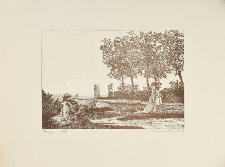 Kovács Tamás (1942-1999): Hegedűs a mezőn. Litográfia, papír. Jelzett. 21x30 cm