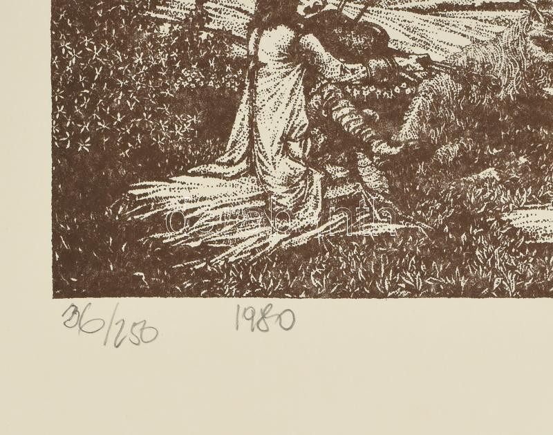 Kovács Tamás (1942-1999): Hegedűs a mezőn. Litográfia, papír. Jelzett. 21x30 cm - Image 2