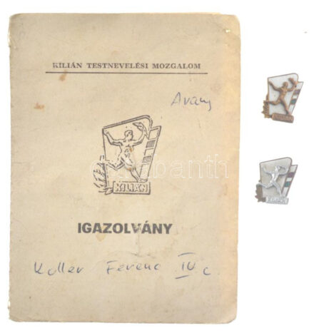 1966. 'Kilián Testnevelési mozgalom' 2 darab zománcozott bronz kitűző hozzá tartozó igazolvánnyal (16x11mm) T:2 egyik tű sérült