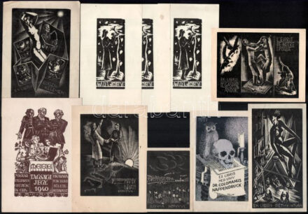 10 db ex libris: Menyhárt József (1901-1976): Erotikus ex libris Eugeni Kelemen. Fametszet, papír, jelzett, hátoldalán a művész bélyegzőjével, 12×6 cm + Menyhárt József (1901-1976): Erotikus ex libris Réthy István. Fametszet, papír,