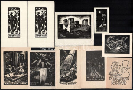 10 db ex libris: Zádor István (1882-1963): Dr. Kerekes Sándor könyve. Klisé, papír, jelzett a dúcon. 8x6 cm + Menyhárt József (1901-1976): Erotikus ex libris Clotildis Mailáth. Fametszet, papír, jelzetta dúcon, hátoldalán a művész