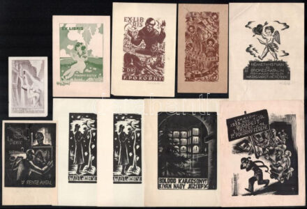 10 db ex libris és alkalmi kisgrafika: Menyhárt József, Fery Antal. Jelzés nélkül: Mária könyve (2 db), stb., klf. technikák és méretek.