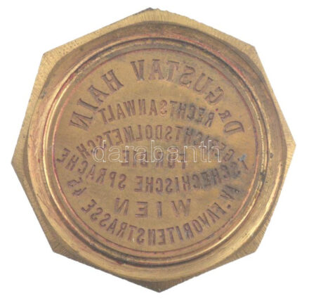 DN 'Der Gustav Hain - Rechtsanwalt Gerichtsdolmetsch für die Tschechische Sprache (cseh nyelvű bírósági tolmács)' bronz szárazpecsét véset (41x41mm)