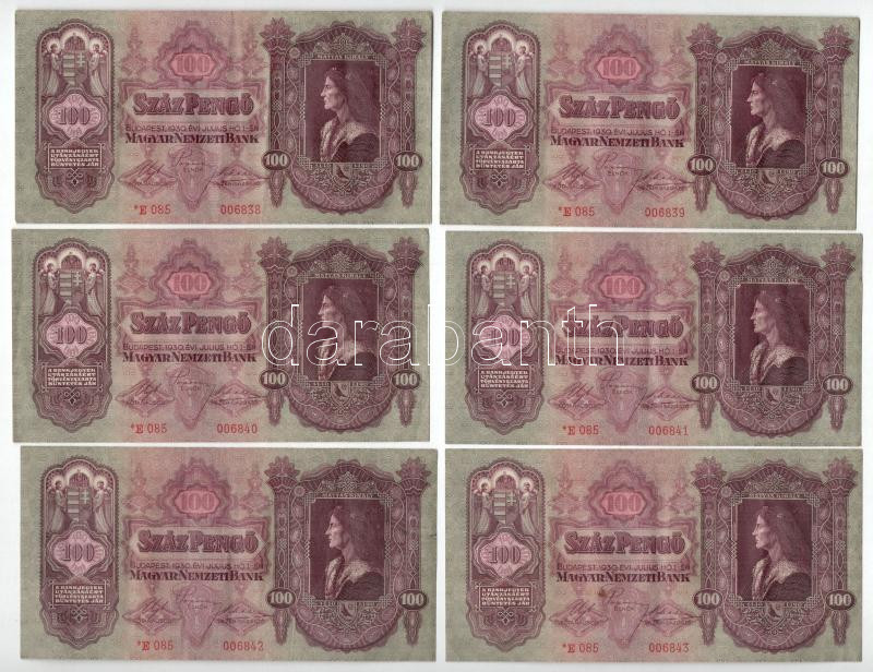 1930. 100P (6x) sorszámkövetők ' *E 085 006838 - *E 085 006843' T:III közte folt Adamo P17