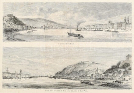 cca 1860-1870 Il ponte di Buda-Pesth/Veduta della cittadella di Buda presa dal ponte di Buda-Pesth, Buda-Pest látképei a Lánchíddal és a Citadellával, olasz nyelven (Il Giro del Mondo), fametszet, papír, 18x25 cm