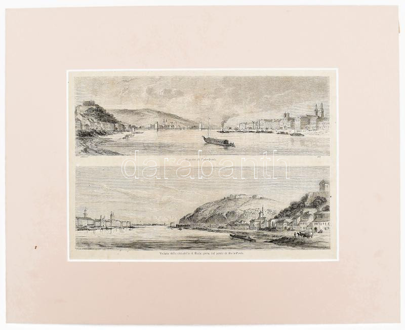 cca 1860-1870 Il ponte di Buda-Pesth/Veduta della cittadella di Buda presa dal ponte di Buda-Pesth, Buda-Pest látképei a Lánchíddal és a Citadellával, olasz nyelven (Il Giro del Mondo), fametszet, papír, 18x25 cm - Image 2