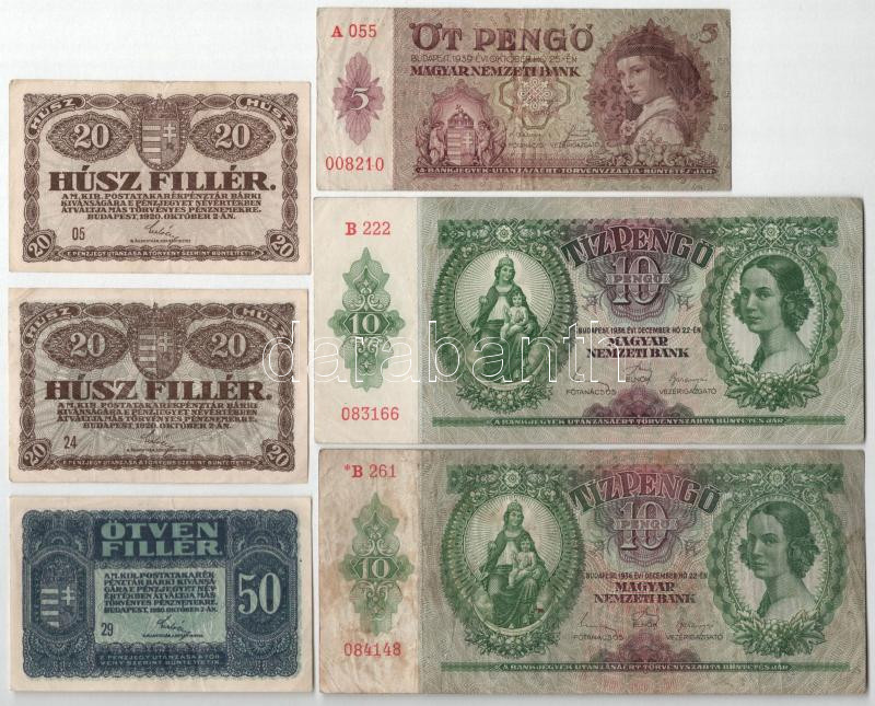 1920. 20f (2x) + 50f + 1930. 100P (2xklf) + 1932. 50P + 1936. 10P (2x) + 1939. 5P + 1941. 20P T:II--III- közte folt
