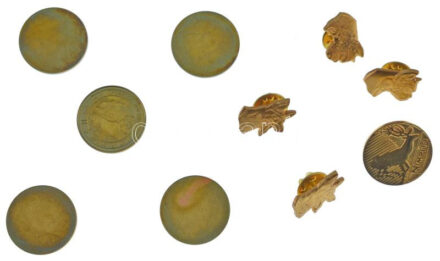 10 darabos vadászati témájú emlékérem és gomblyukjelvény tétel, közte 'Országos Magyar Vadászati Védegylet' egyoldalas bronz emlékérem (23mm) T:1-