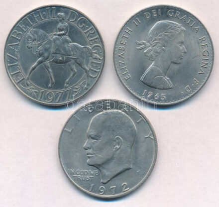 Nagy-Britannia 1965. 1C Cu-Ni 'II. Erzsébet / Churchill' + 1977. 25p Cu-Ni 'Ezüst Jubileum - II. Erzsébet' + Amerikai Egyesült Államok 1972. 1$ Cu-Ni 'Eisenhower' T:1-,2 United Kingdom 1965. 1 Crown Cu-Ni 'Elizabeth II / Churchill' + 1977. 25